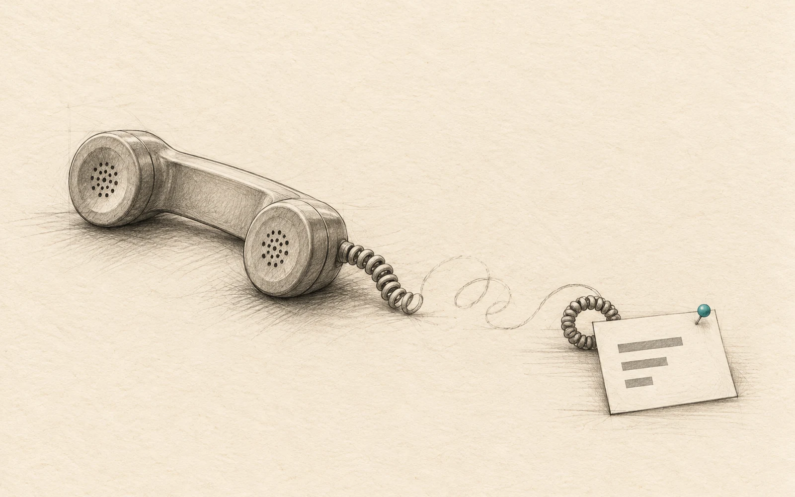 A telephone receiver rests beside fading conversation marks while the final loop of its cord holds one action card, representing the decisions and commitments preserved after a call.