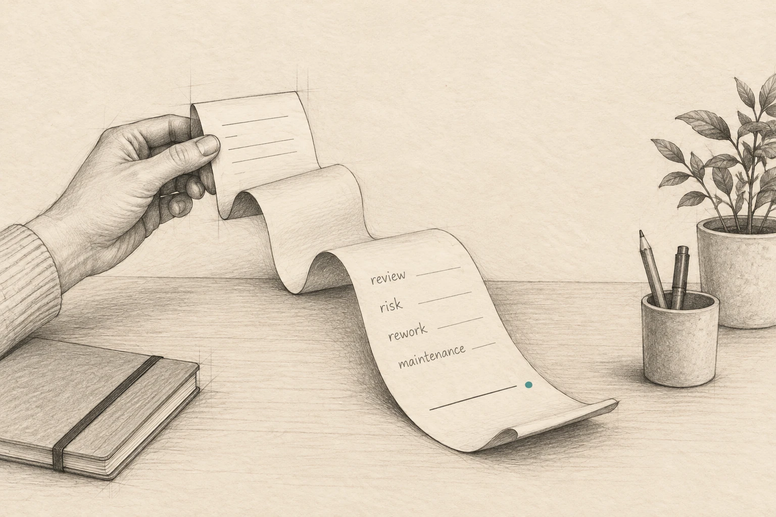 A hand holds the short beginning of an estimate while the paper unfurls into a much longer receipt revealing review, risk, rework, and maintenance before the final total.