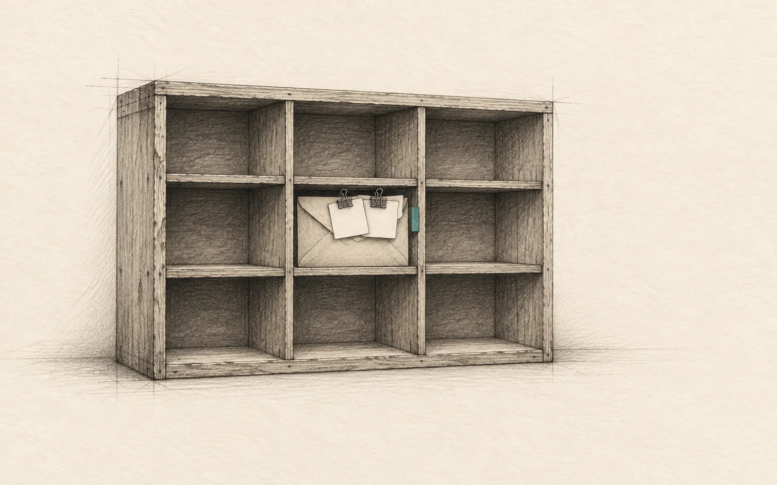 One work envelope, with two small supporting slips attached, is placed into a single marked pigeonhole among several empty compartments, representing one accountable owner with bounded contributors.