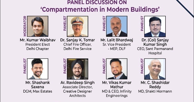 FSAI Delhi Chapter invitation for the 24 April 2026 panel discussion on compartmentation in modern buildings, listing Shashank Saxena as a panelist.