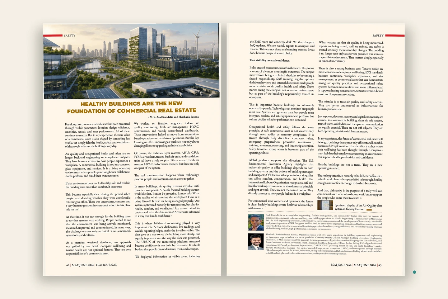 Open FSAI Journal May–June 2026 at pages 44–45, showing ‘Healthy Buildings Are the New Foundation of Commercial Real Estate’ by Atul Kundalia and Shashank Saxena.