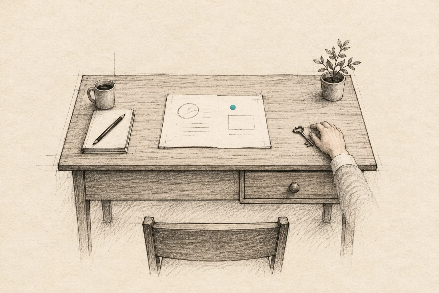 A hand-drawn desk keeps an AI working sheet in the open while a closed drawer and human-held key protect private context.