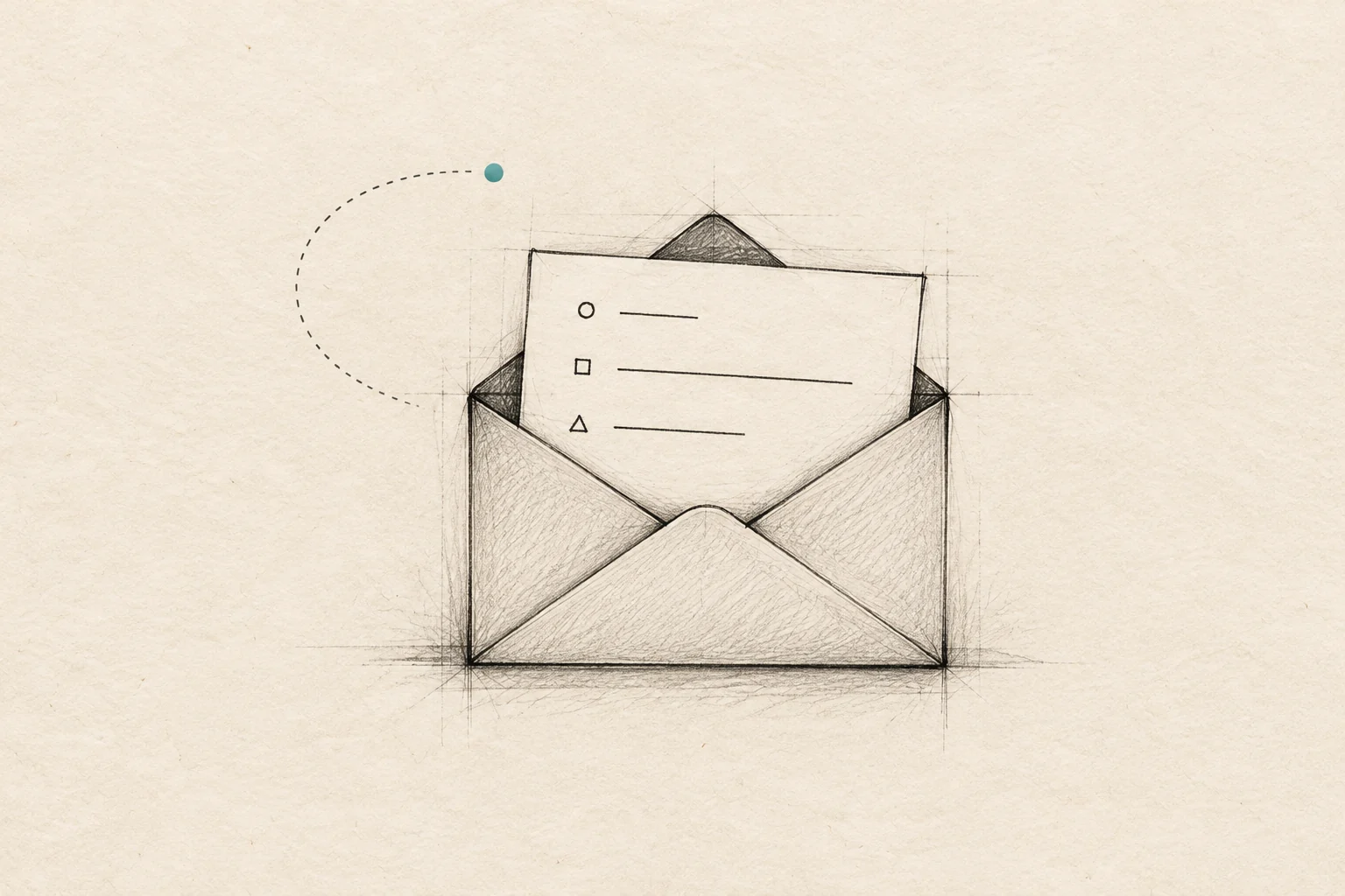A note with three clear lines emerges from an envelope beside a quiet return path.