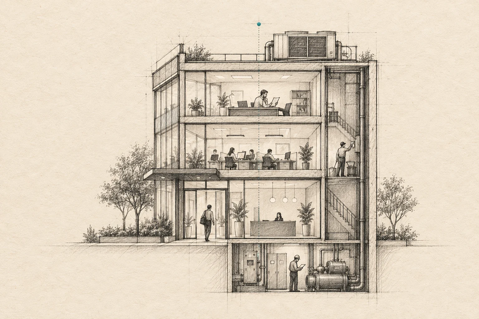 A hand-drawn cutaway of an occupied commercial building shows people arriving, working, maintaining services and operating equipment as one living system.