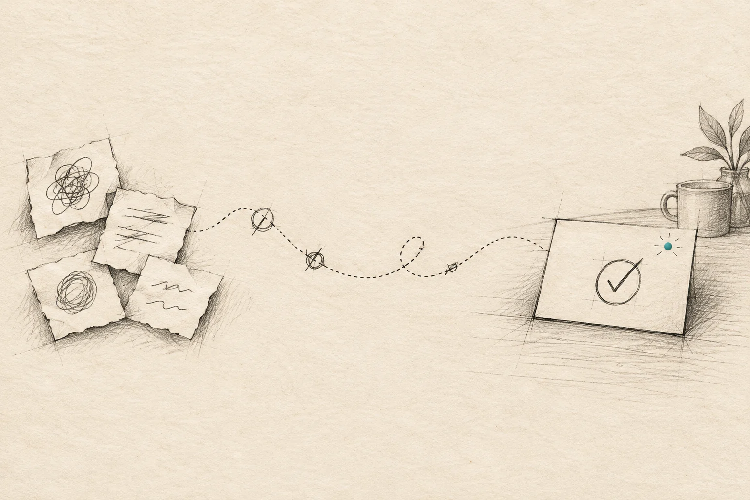 Rough paper scraps follow a corrected hand-drawn path into one reviewable task card.