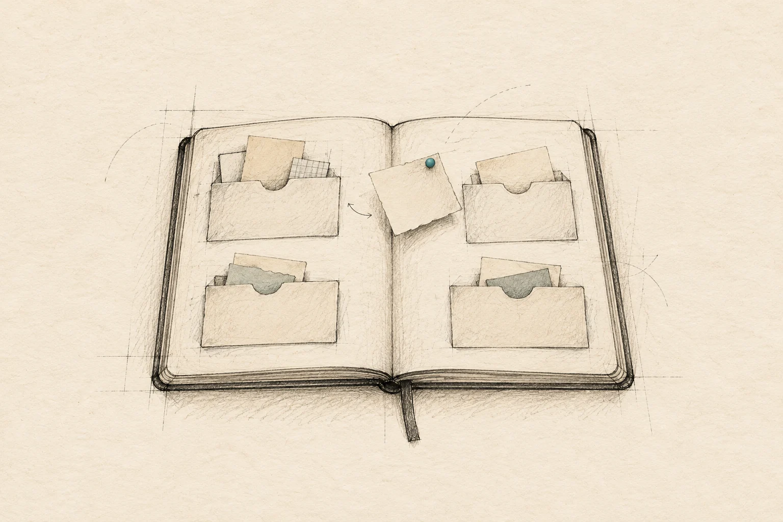 An open notebook holds four loose paper pockets while one note remains between categories.